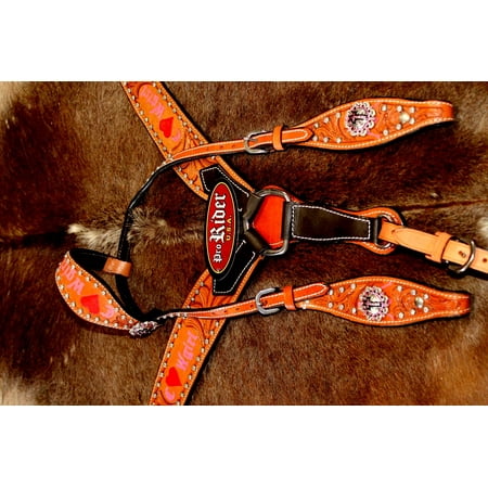 Horse Western Riding Leather Bridle Headstall Breast Collar Tack Pink 7662