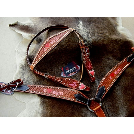 Horse Western Riding Leather Bridle Headstall Breast Collar Tack Pink 7664