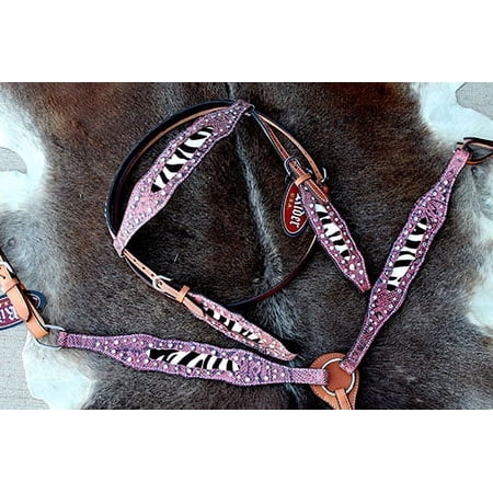 Horse Western Riding Leather Bridle Headstall Breast Collar Tack Pink 7667