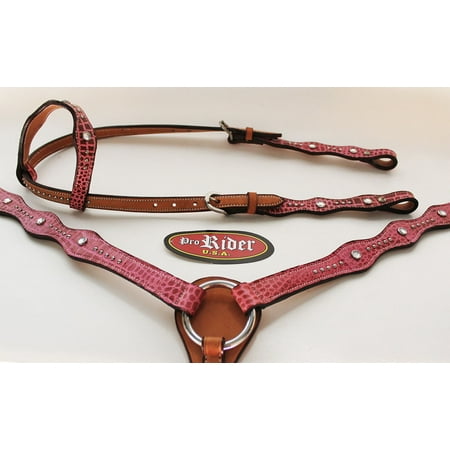 Horse Western Riding Leather Bridle Headstall Breast Collar Tack Pink Rodeo 7606