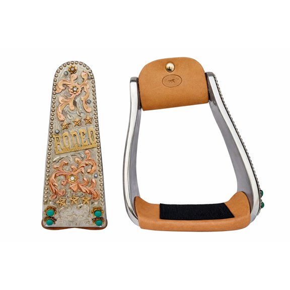 Horse Western Saddle Rodeo Floral Engraved Turquoise Stone Angled Stirrups 51246