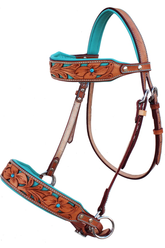 Horse Western Tan Leather Floral Tooled Bitless Sidepull Bridle Reins 77RS34TN