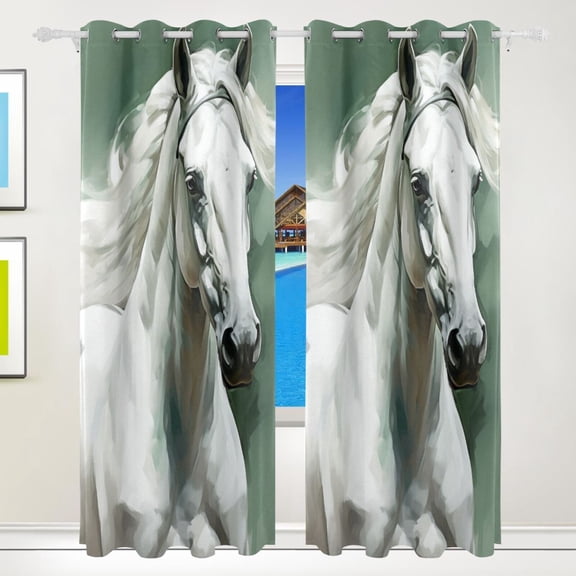 Horse White Curtains Black Out 72 Inch Length Curtains for Sliding Glass Doors Bedroom Living Room 2 Pack
