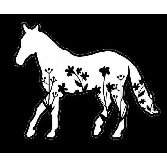 Horse White Silhouette in Motion Car Decal with Floral Design, Cowboys Western Iconic Animal Vinyl Car Sticker, Bumper, Rear, Window, Trunk as Car Decals 1PC (White)
