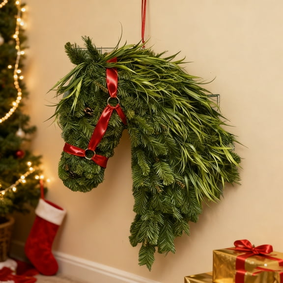 Horse Wreaths for Front Door, Equestrian Door Decor, Handmade Christmas Decorations, Front Door Hanging, All-Season Home Accent, Red Bow