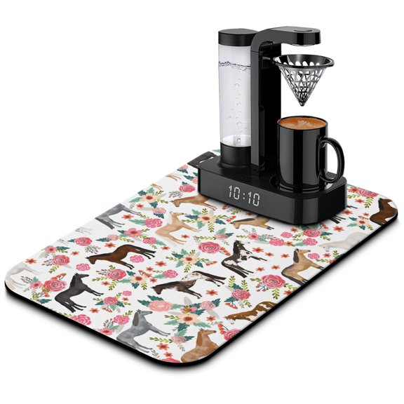 Horse and Fantasy Rainbow Coffee Station Mat Whimsical Absorbent Mat, Vibrant Watercolor