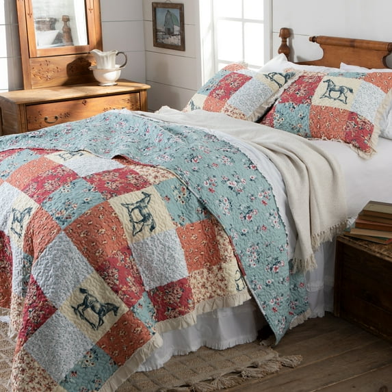 Horse and Floral Pieced Ruffle Quilt Set Size Full/Queen