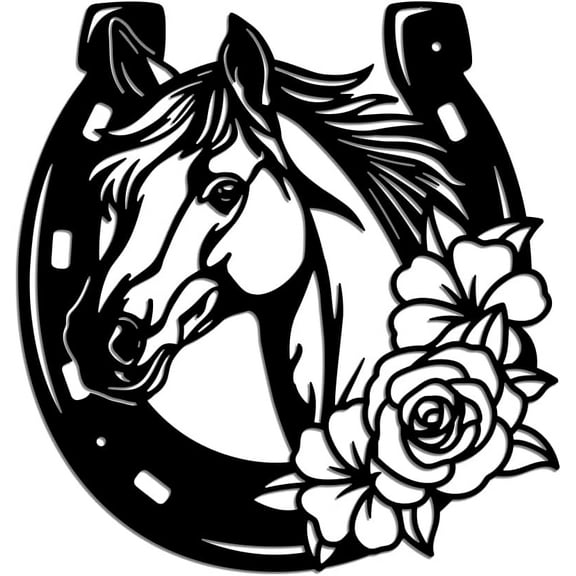 Horse and Flower Metal Wall Art Decor Wild Horse Wall Silhouette Sculpture Signs Horseshoe Animal Wall Art Plaque Home Decor