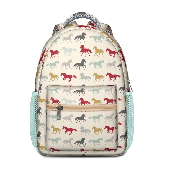 Horse and Foal Print School Backpack – Wild Pony Pattern Schoolbag with Retro Farm, Floral Art and Rural Aesthetic