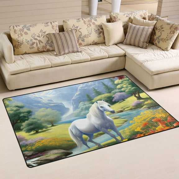 Horse and Rainbow Trees Lake Flowers Area Rug Washable Floor Carpet Mat 60 x 39 inch for Bedroom Living Room Kids Room Home Decor