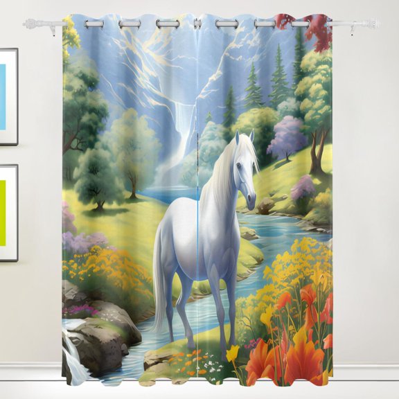 Horse and Rainbow Trees Lake Flowers Black Out Curtains 72 Inch Length Curtains for Sliding Glass Doors Bedroom Living Room 2 Pack