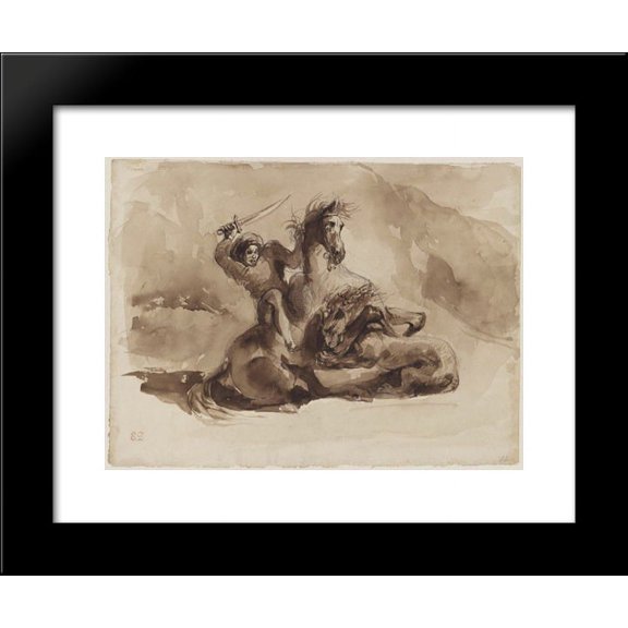 Horse and Rider Attacked by a Lion 20x24 Framed Art Print by Eugene Delacroix
