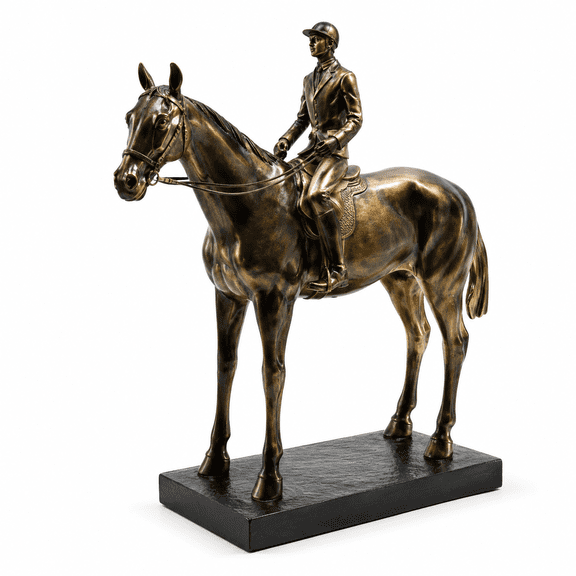Horse and Rider Resin Statue, Brown Equestrian Racing Figurine for Desk, Shelf and Home Office Decor, 10.5 Inches