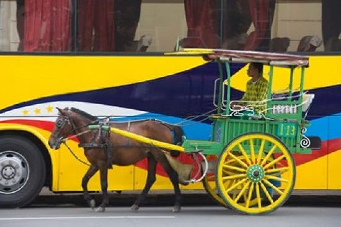 Horse cart walk by colorfully painted bus Manila Philippines Canvas Art - Keren Su (36 x 24)