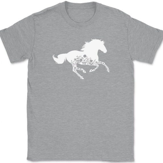 Horse in Flowers T-Shirt Equestrian Running Pony Animal Steed Riding Tee - Heather Grey, M