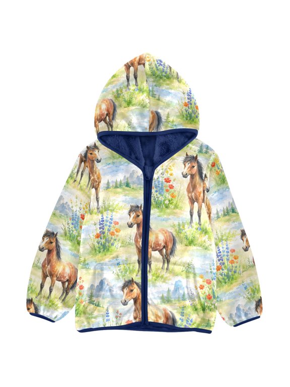 Horse in Spring Kids Fleece Hood Jacket Fuzzy Outerwear 5T
