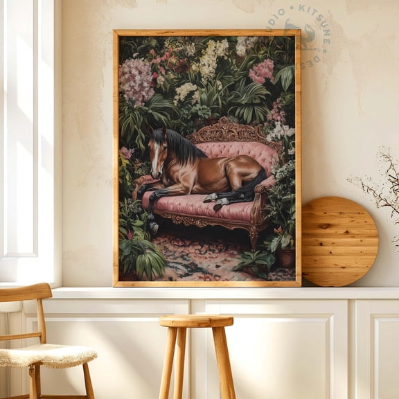 Horse on Velvet Sofa Art Maximalist Animal Decor, Unframed Paper Print Size 8x12