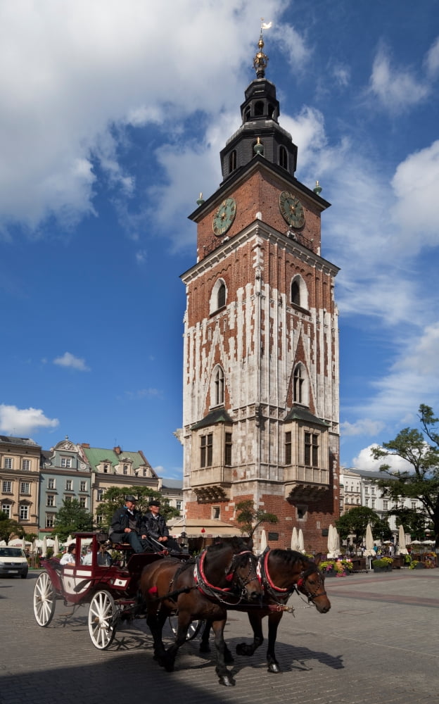 Horse and trap passing Wieza Ratuszowa the 13th Century Town Hall Tower Rynek Glowny The Main Market Square Krakow Poland Canvas Art - Panoramic Images (20 x 12)
