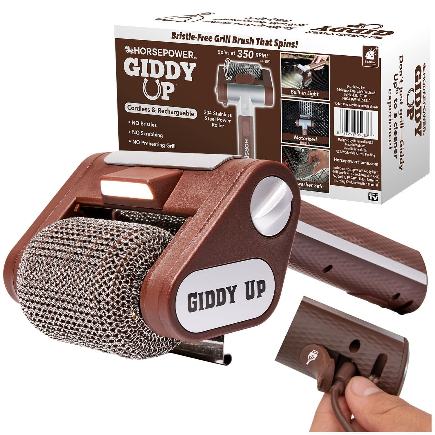 Horsepower Giddy Up Grill Cleaner - Cordless Rechargeable Scrub Brush ...