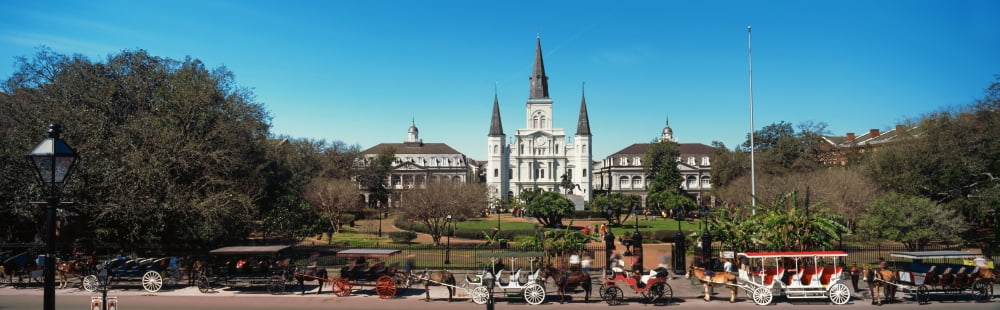 Horsedrawn carriages on the road with St Louis Cathedral in the background Jackson Square New Orleans Louisiana USA Canvas Art - Panoramic Images (12 x 39)