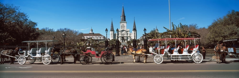 Horsedrawn carriages on the road with St Louis Cathedral in the background Jackson Square New Orleans Louisiana USA Canvas Art - Panoramic Images (36 x 12)