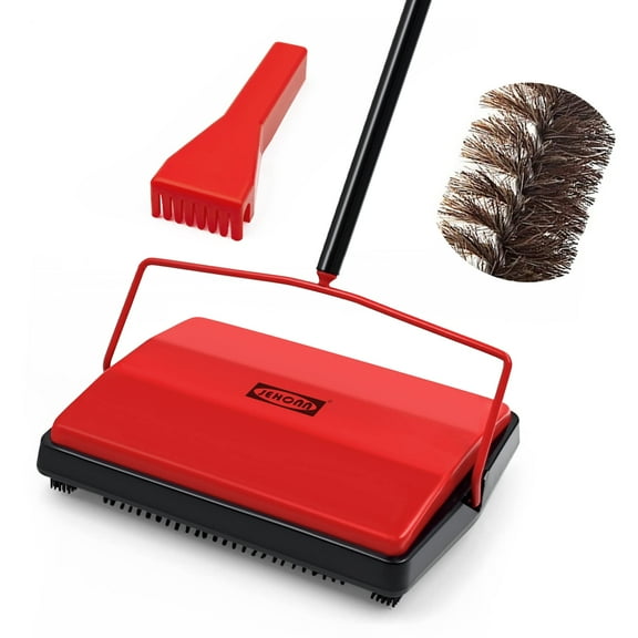 Carpet Floor Sweeper Manual with Horsehair, Non Electric Quite Rug Roller Brush Push for Cleaning Pet Hair, Loose Debris, Lint (Red)$$