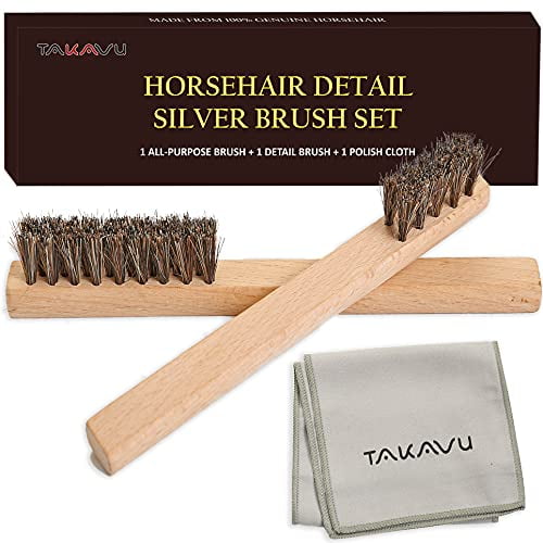 TAKAVU Horsehair Detail Brush Set, 2 Silver Cleaning Brushes and Polish Cloth Perfect for Detailing, Polish Work, Fine and Heirloom Silverware Plateware Jewelry, Ultimate Solution for a Gleaming Finish