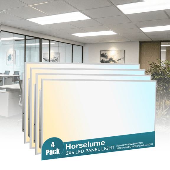 Horselume 4 Pack 2x4 LED Flat Panel Light, Drop Ceiling Fixture, 9630LM, Selectable 30W-72W and 3000K-6500K, Dimmable 0-10V, for Office, School, Store, Garage, Basement, Library, Studio, Gym