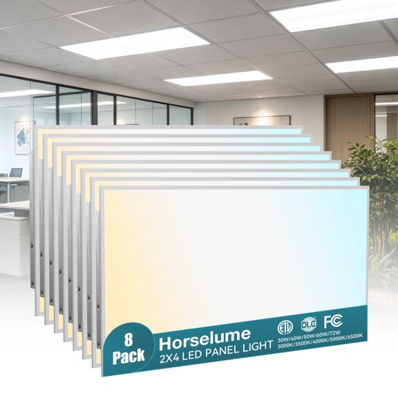 Horselume 8Pack 2x4 LED Flat Panel Light, 9630LM, Selectable 30W-72W and 3000K-6500K, Dimmable 0-10V, Drop Ceiling Fixture for Office, School, Store