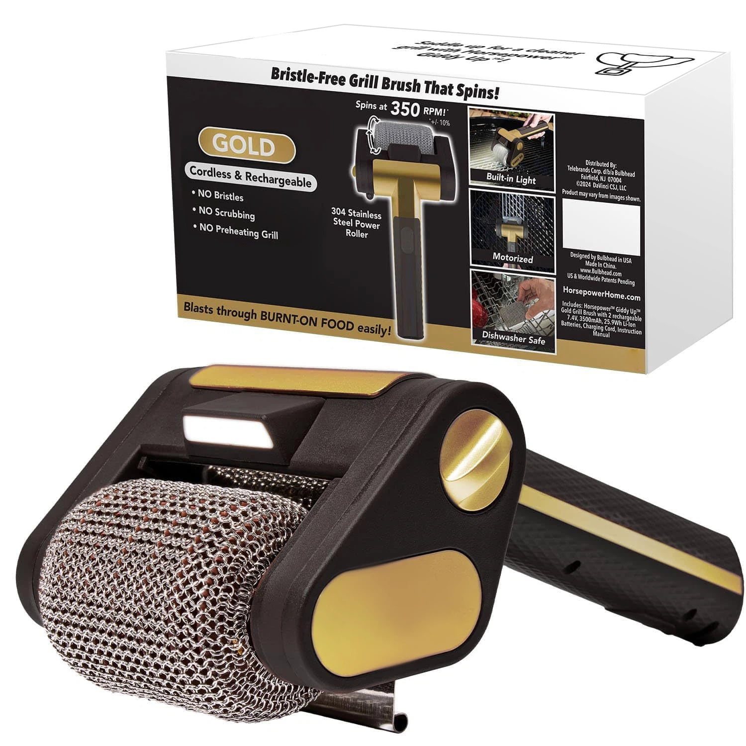 Horsepower Bristle-Free Spinning Grill Brush w/LED & Longer Run Time, Cordless/Rechargeable, 304 Stainless Steel Power Roller Blasts Away Burnt-On Food, No Bristles No Preheating 350 RPM