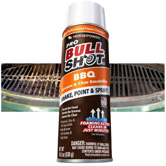 Bull Shot BBQ Pro, Foaming Grill Cleaner, AS SEEN ON TV, Professional Strength Foam Spray Emulsifies Burnt Grease & Char on Grates, Racks, Pans, Smokers & Griddles Cleans in Just 10 Min - Made in USA