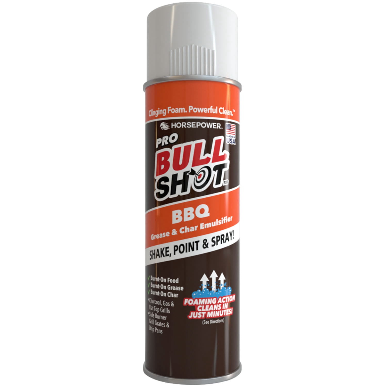 Horsepower Bull Shot BBQ MAX Super-Concentrated Foaming Grill Cleaner, AS SEEN ON TV, Made in the USA, Shake, Point & Spray, Emulsifies Grease & Char on Grills, Stove Burners, Drip Pans & More
