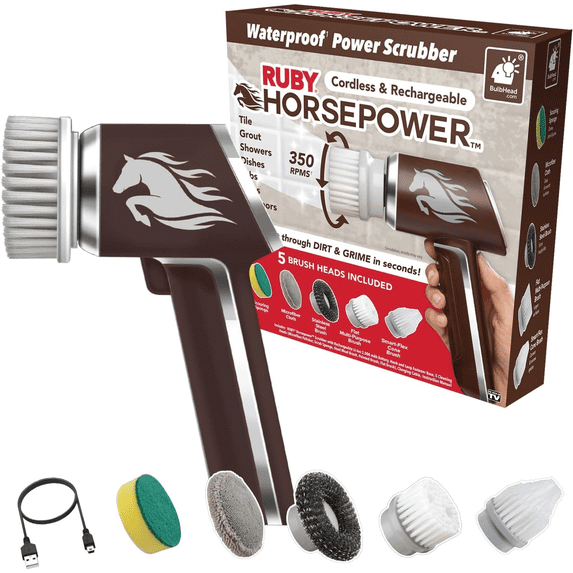 Horsepower Electric Power Scrubber, Waterproof, Spins 350 RPM, 5 Brush Heads, AS-SEEN-ON-TV, Cleans Dirt & Grime, Tile, Grout, Bathrooms, Kitchen, Auto Rims, Outdoor Furniture & More, Rechargeable