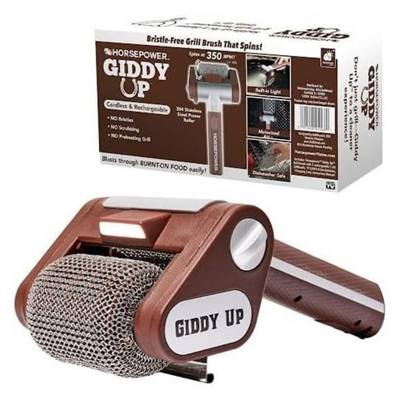 Horsepower Giddy Up Bristle-Free Spinning Grill Brush w/LED, AS-SEEN-ON-TV, Cordless & Rechargeable, 304 Stainless Steel Power Roller Blasts Away Burnt-On Food, No Bristles, No Preheating, 350 RPM