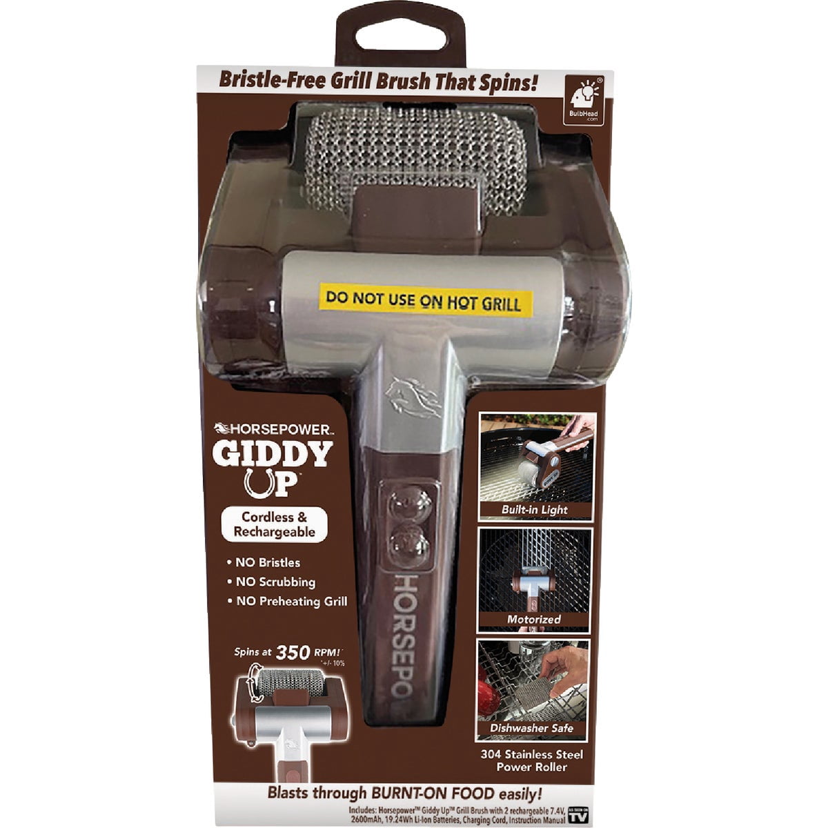 NOBRAND Giddy Up Spin Power Grill Brush Cordless Rechargeable - Bristle-Free, 304 Stainless Steel — Interior & Exterior Use, Professional Finish