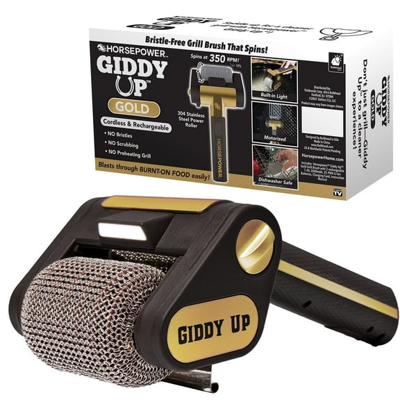 Horsepower Giddy Up GOLD Bristle-Free Spinning Grill Brush w/LED & Longer Run Time, Cordless/Rechargeable, 304 Stainless Steel Power Roller Blasts Away Burnt-On Food, No Bristles No Preheating 350 RP