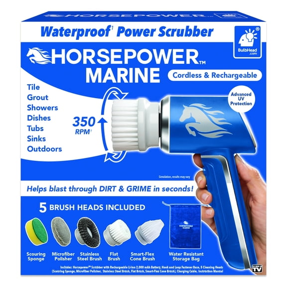 Horsepower Marine Scrubber Waterproof, Cordless, Rechargeable Power Scrubber with 5 Brush Heads, LED Light & Compact Design