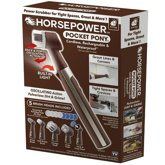 Horsepower Pocket Pony, Waterproof, Cordless, Pocket-Sized, Oscillating Power Scrubber, Deep Clean, Tight Spaces, Rechargeable