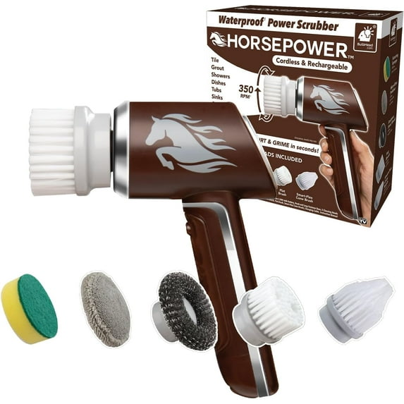 Horsepower Scrubber, Waterproof, Electric Power, Spins 350 RPM, 5 Brush Heads, AS-SEEN-ON-TV, Cleans Dirt & Grime, Tile, Grout, Bathrooms, Kitchen, Auto Rims, Outdoor Furniture & More, Rechargeable