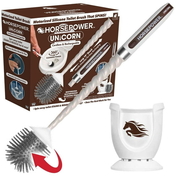Horsepower Unicorn, AS SEEN ON TV, Motorized Toilet Brush, Powerful Spinning Action, 360 Degree Cleaning Power, Flexible Silicone Bristles, Eliminate Stains & Residue, No Scrubbing, Rechargeable