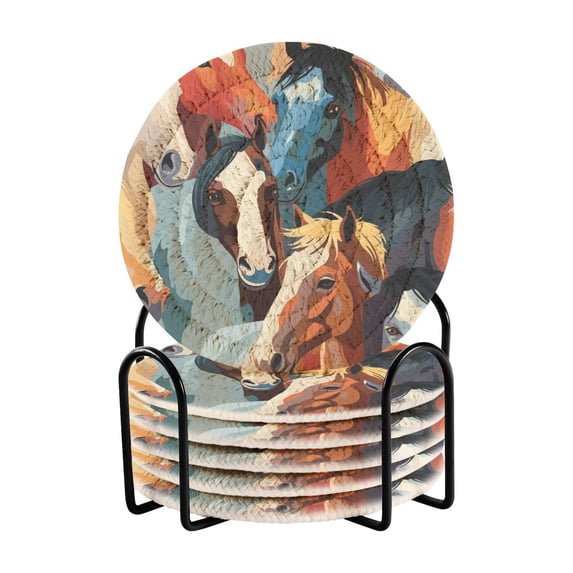 Horses 6 Pcs Drink Coasters with Holder Absorbent Coasters Woven Coasters for Drinks Table Desk Protection Home Decor