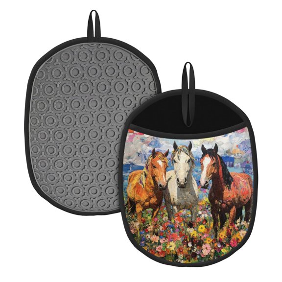 Horses Amidst Flower Field Kitchen Pot Mat, 7.5x9.4 in Kitchen Mat for Oven, Heat Resistant Soft Quilted Cotton Lining for Safe Backing Cooking, 2PCS