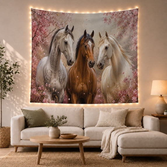 Horses Among Cherry Blossoms, Serene Dreamy Painterly for Nature Lovers, Wildlife Wall Art, Housewarming Gift Tapestry Wall Hanging for Bedroom, Living Room