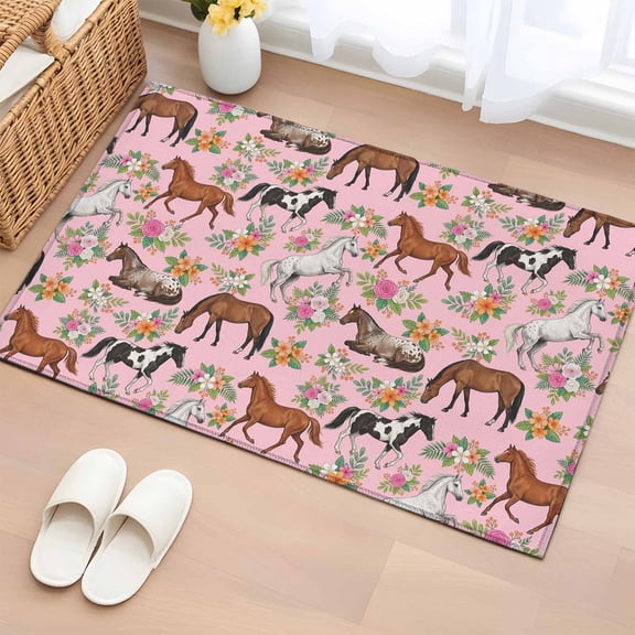 Horses Animal 2'x3' Rug for Entryway Front Door Kitchen Sink Area, Orange Flower Roses Leaf Pink Background Low Pile Washable Non Slip Rectangle Area Rug