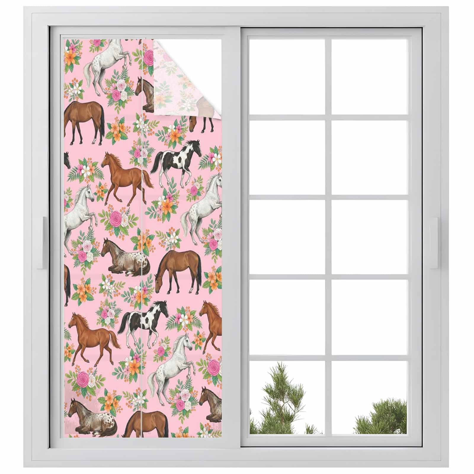 Horses Animal Window Privacy Film, Orange Flower Roses Leaf Pink Background Frosted Glass Window Clings Static Cling UV Heat Blocking Reusable Door Sticker for Bathroom 23.6 x 59 Inch