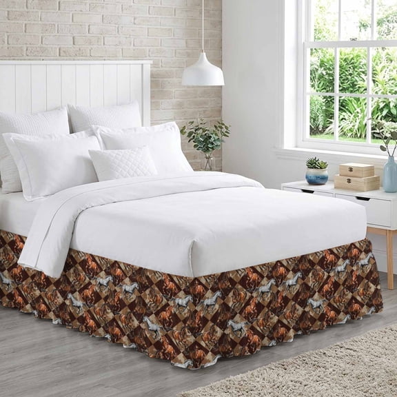 Horses Bed Skirt Queen Size 16 Inch Drop, Watercolor White Brown Horses Brown Khaki Plaid Adjustable Elastic Dust Ruffles Bedskirt for Queen Bed Wrap Around Pleated Mattress Frame Cover