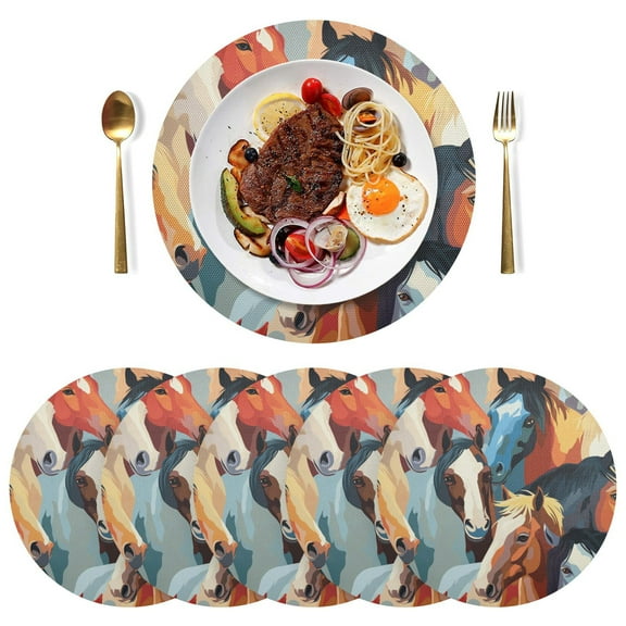 Horses Black Round Placemats Plate Mats 15 Inch Non-Slip Heat Resistant Washable PVC Set Indoor for Kitchen Dining Table 1PC
