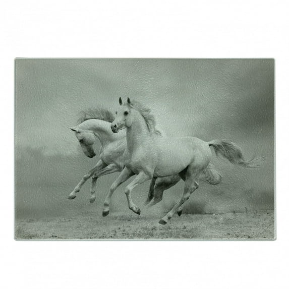 Horses Cutting Board, Running Horses Symbolizing Passion for Freedom Creatures Photo Print, Decorative Tempered Glass Cutting and Serving Board, Small Size, White and Black, by Ambesonne