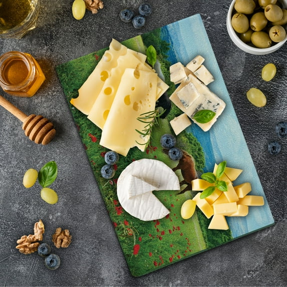 Horses Cutting Board, Various Kinds of Horses Eating Grass in Field Mountain Landscape Rural Scene Print, Decorative Tempered Glass Cutting and Serving Board, Small Size, Multicolor, by Ambesonne