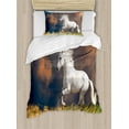thumbnail image 1 of Horses Duvet Cover Set, Andalusian Horse with a Majestic Dust Cloud Background Strong Desires Photo, Decorative 2 Piece Bedding Set with 1 Pillow Shams, Twin Size, White Orange Green, by Ambesonne, 1 of 3